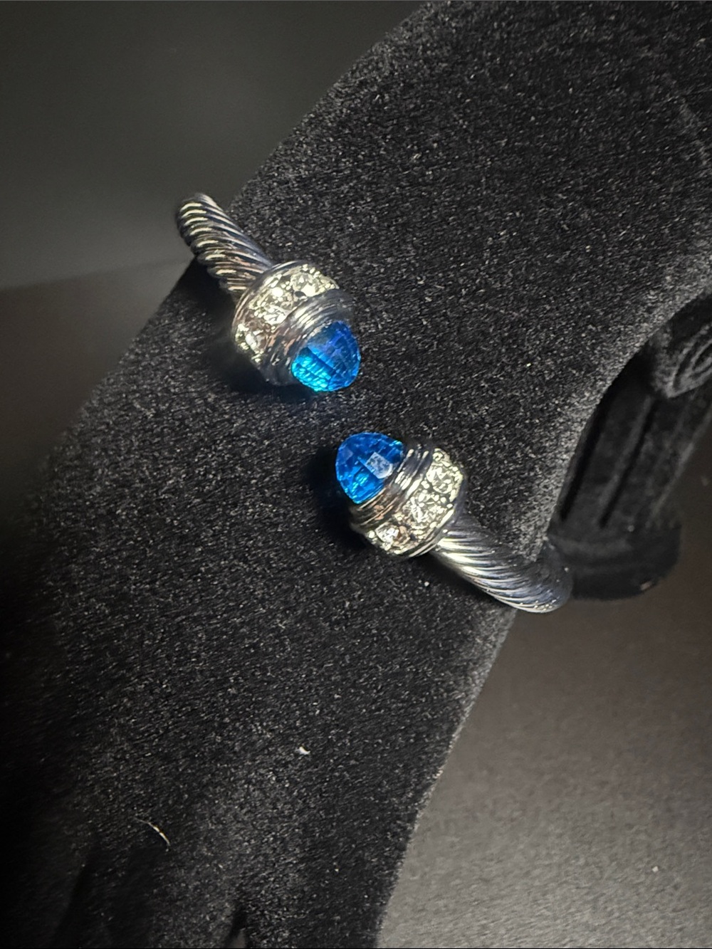 Silver-Tone Twisted Cable Open Cuff Bracelet with Blue Gem Accents